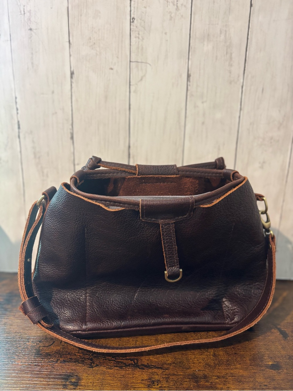 Handmade Dark Brown Leather Tote with Adjustable Strap and Drawstring